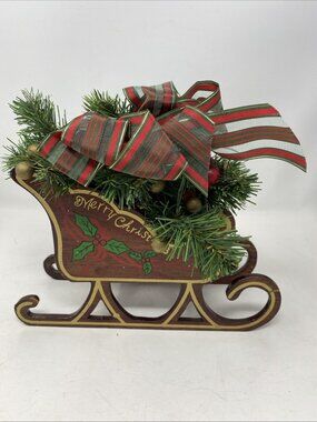 Wooden Merry Christmas Sleigh With Green Pine And Red Berries Plaid Ribbon 8”